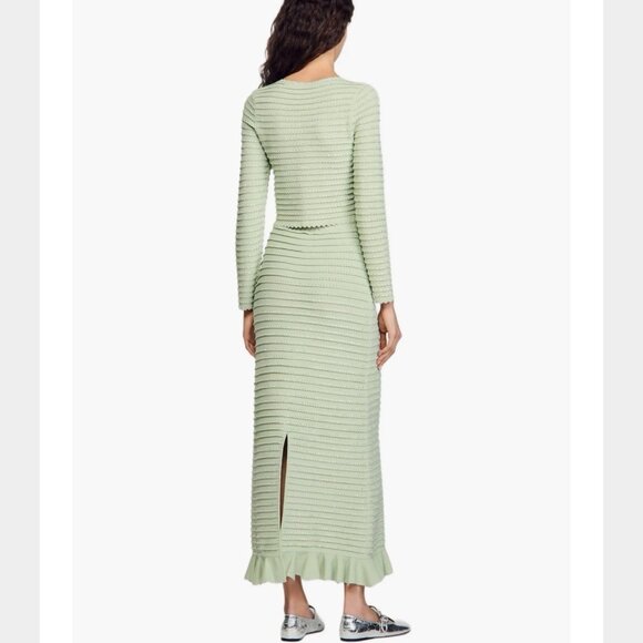 Women Ribbed Knit Two-Piece Set Round Neck Cardigan-Midi Skirt Mint Green Size M - Picture 4 of 17